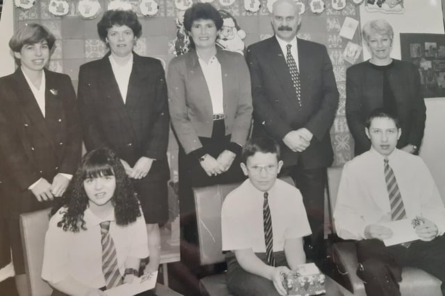 A heathy eating project in Collydean, Glenrothes, in 1996. Pictured, front (from left), Lynsey Jane Davidson (Glenwood), Christopher Burridge (Collydean),  Grant McPherson (Glenwood). 
Back row: Deborah and Nicola Lee, community dieticians; Louise Blundell, head teacher Collydean Primary; David McKenzie, headteacher Glenwood High; Irene Campbell, home economics teacher.