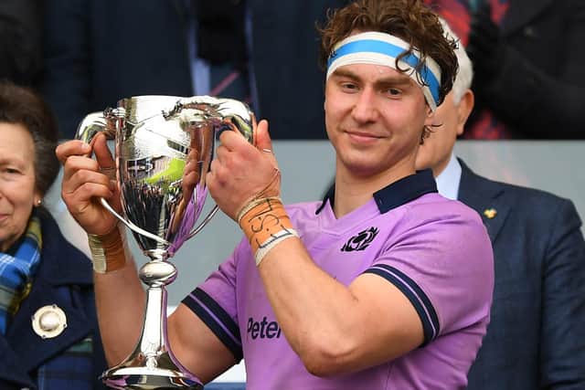 Scotland captain Jamie Ritchie with the Cuttitta Cup after their 26-14 Six Nations win against Italy at Edinburgh's Murrayfield Stadium on Saturday (Pic: Andy Buchanan/AFP via Getty Images)