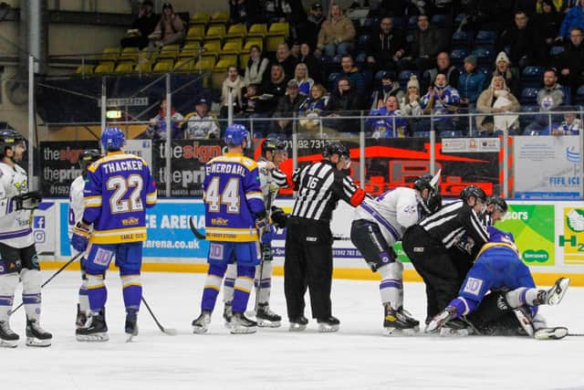 Officials try to separate Fife Flyers Brandon Magee and Manchester Storm's Linden Springer (Pic: Jillian McFarlane)