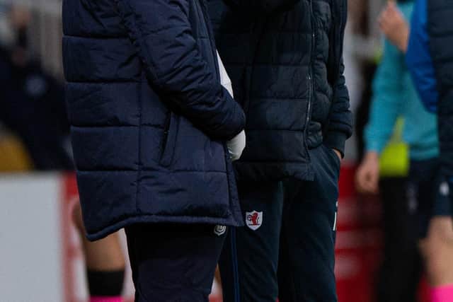 DUNDEE, SCOTLAND - NOVEMBER 12: Gary Bowyer and Ian Murray during a cinch Championship match between Dundee and Raith Rovers at Dens Park, on November 12, 2022, in Dundee, Scotland. (Photo by Sammy Turner / SNS Group)