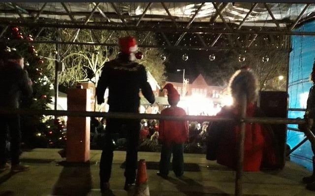Behind the scenes view of the action. Here is where all the magic happened on stage during the Pleasley Christmas celebration. Little elf Bill Dawes pushed the magic button to turn on the lights.