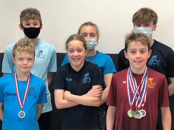 The young Fins who took competed at the Scottish East District Championships; back row (l-r) Steven Pate, Erin Taylor and Mark Scott, front row (l-r) Ethan Pate, Irys Blair and Adam Selbie.