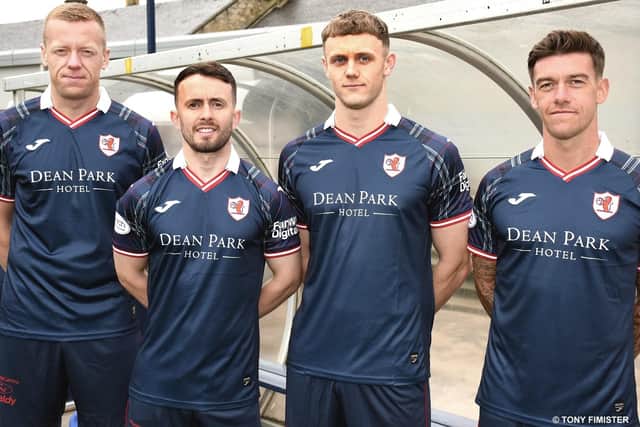 Jack Hamilton, second from right, modelling Raith Rovers' new home kit alongside, from left, captain Scott Brown, Aidan Connolly and Josh Mullin (Pic: Tony Fimister)