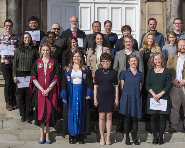 Winners from 2020, 2021 and 2022 with Principal Professor Sally Mapstone, centre front; Students’ Association Postgraduate Convenor Caroline McWilliams, front left; and Students’ Association Director of Education Leonie Malin, second from left. Assistant Vice-Principal Professor Frank Müller, Dean of Learning and Teaching, is behind the Principal, to the right, in grey jacket. (Photo: Alan Richardson Pix-AR.co.uk)