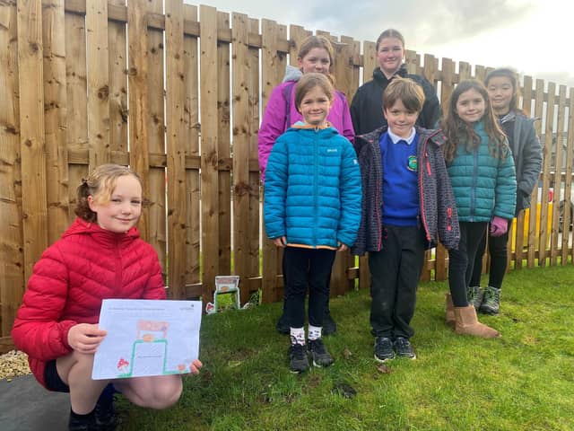 Greta is pictured with her winning design for the Hedgehog Highway alongside her classmates from Strathkinness Primary.  (Pic: Submitted)