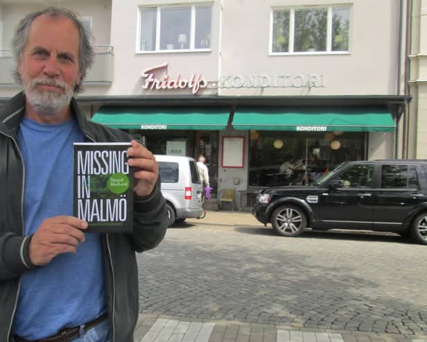 Author Torquil MacLeod outside Fridolfs, Ystad for the launch of the third in the Anita Sundstrom series, Missing in Malmo