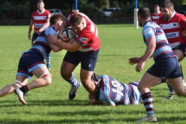 Prop Bartek Brylak breaking Allan Glen's defence for his second try during Saturday's 38-34 loss at home to the Glaswegians (Pic: Chris Reekie)