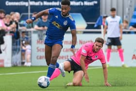 Cove Rangers' Shay Logan getting away from Raith Rovers' Jamie Gullan during his side's 2-0 victory against the Fifers on Saturday at Aberdeen's Balmoral Stadium (Photo by Craig Foy/SNS Group)
