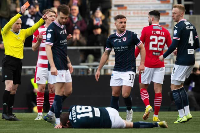 New Raith signing Daniel O'Reilly is red carded by referee Colin Duncan for a foul on Sam Stanton during last season's SPFL Trust Trophy final (Pic Craig Foy/SNS Group)