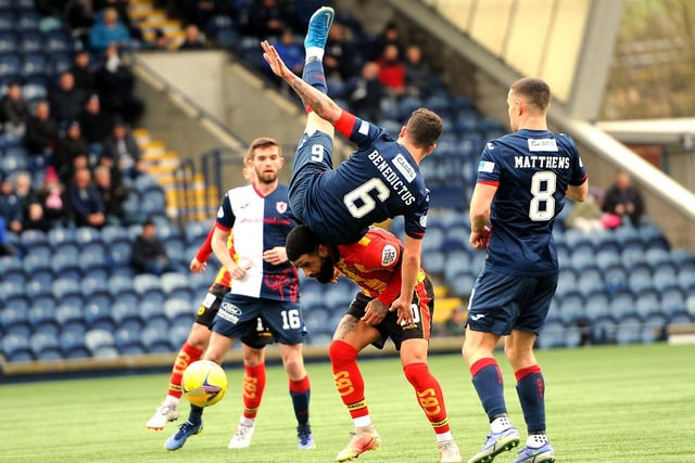 February 26, 2022: Raith Rovers 0-0 Partick Thistle. Raith's Kyle Benedictus is upended by Thistle's Alex Jakubiak in bore draw at Stark's Park (Pic FPA)