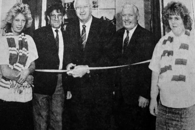 Jock Wallace performed the honours at the opening of Raith Rovers new club shop under the main stand. 
He is pictured with Pete Rodger who ran the club’s lottery, manager Frank Coinnor, and shop assistants Shona Wishart and Emer Wallace.