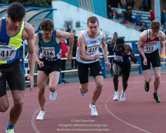 Ben Sandilands (centre) on his way to winning 800m senior men's race in Manchester (Pic Paul Bannister)