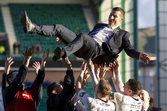 Grant Murray is thrown into the air by his jubilant Raith Rovers players after 1-0 Challenge Cup final win over Rangers at Easter Road on April 6, 2014 (Pics Alan Rennie)
