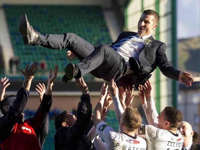 Grant Murray is thrown into the air by his jubilant Raith Rovers players after 1-0 Challenge Cup final win over Rangers at Easter Road on April 6, 2014 (Pics Alan Rennie)