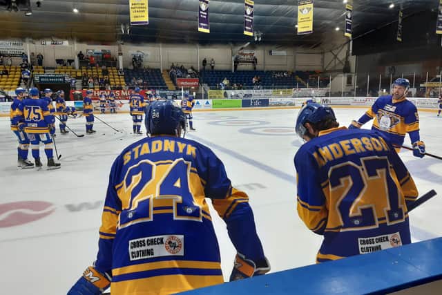 New signings Carson Stadnyk and James Anderson warming up for their first game on Kirkcaldy ice (Pic: Fife Free Press)
