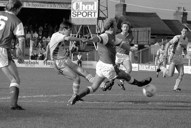 Ian Stringfellow gets a shot away against Walsall in the October 1989 2-0 home defeat.