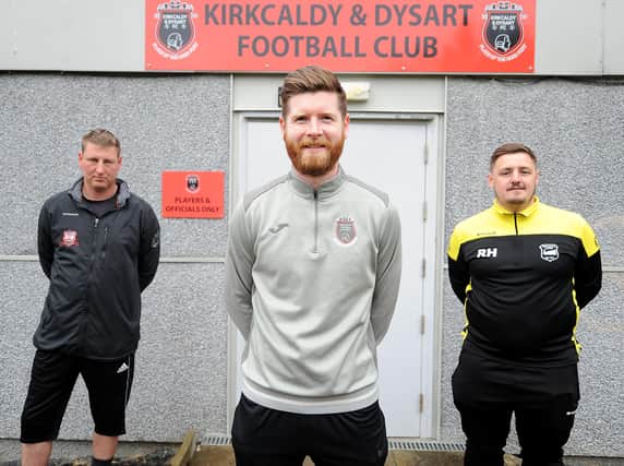 Garry Thompson from Kirkcaldy FC, Neil Paylor and Templehall United's Ryan Hay (Pic: Fife Photo Agency)