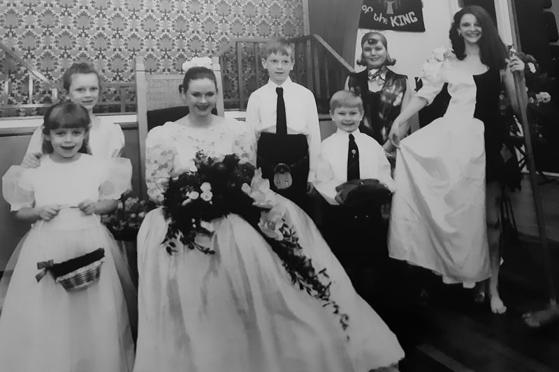 The Baptist Church of Glenrothes with a fashion show in 1996. Pictured are Jackie Hannah (bride) with Sarah Milnes, Kat Purvis, Gordon Milnes, and Graham Harvey, plus Laura Balfour and Julie Finlayson.