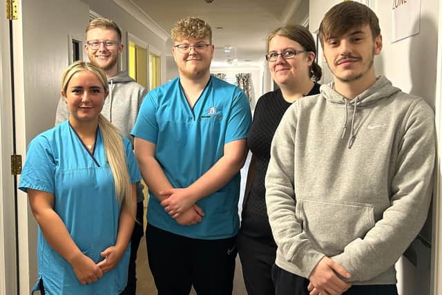 From left: Leah McNeill, care assistant; Ryan O’Donnell, activities co-ordinator; Callum Dawson, care assistant; Kim Davidson, team lead; and Blair Ritchie, care assistant, at Forth View (Pic: Submitted).