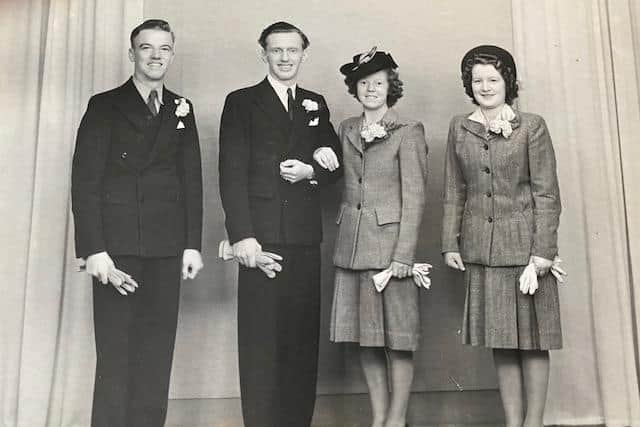 Annie and Thomas Gourlay on their wedding day (centre) with bestman and bridesmaid, Thomas and Nancy Brown.