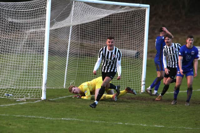 Lewis Sawers celebrates his winning goal for St Andrews United at Hawick Royal Albert (Pics by Steve Cox)