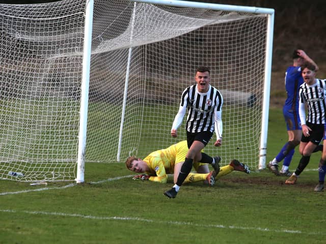 Lewis Sawers celebrates his winning goal for St Andrews United at Hawick Royal Albert (Pics by Steve Cox)