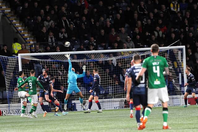 Raith keeper Kevin Dabrowski saves from United's Louis Moult (Pic Fife Photo Agency)