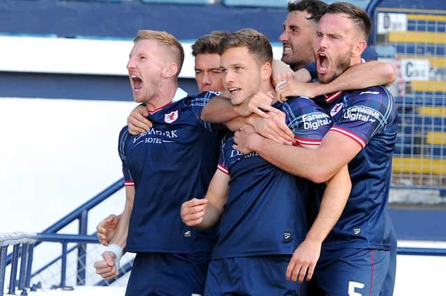 Jamie Gullan celebrating with team-mates after scoring the 87th-minute goal that saw Raith Rovers beat Inverness Caledonian Thistle 1-0 at home at Kirkcaldy's Stark's Park on Saturday (Pic: Fife Photo Agency)
