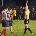 Referee shows red card to Kirkcaldy's Marcus Salt for dissent (Pics by Michael Booth)
