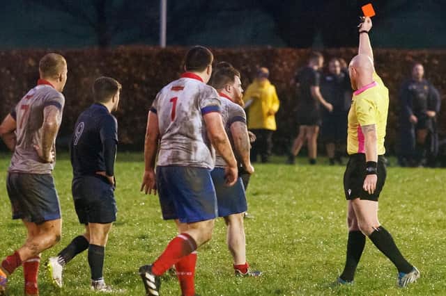 Referee shows red card to Kirkcaldy's Marcus Salt for dissent (Pics by Michael Booth)