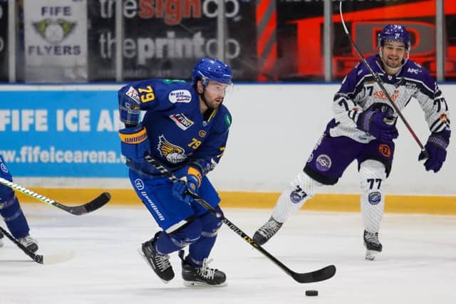 Kyle Osterberg carrying the puck against Glasgow Clan (Pic: Jillian McFarlane)