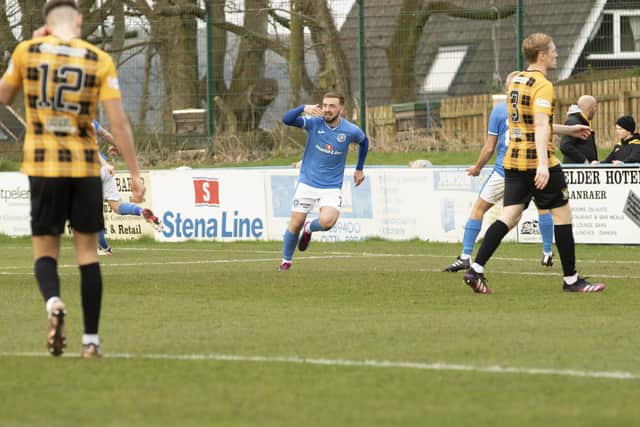 James Hilton celebrates his goal on what his 100th appearance for Stranraer