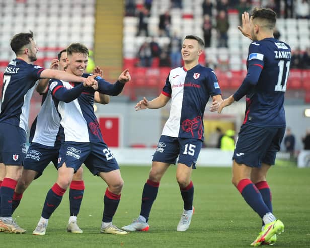 Ethan Ross celebrates after putting Raith Rovers 2-0 up at Hamilton Accies on Saturday (Pic by Alan Murray)