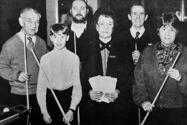 Six lucky Fife Free Press readers won a year’s free membership to the Cueball Snooker Club. Pictured with Ann Wilson, manageress, are William Robertson, Derek Young, Colin Angles, James Mackie and Jessie Allan.
