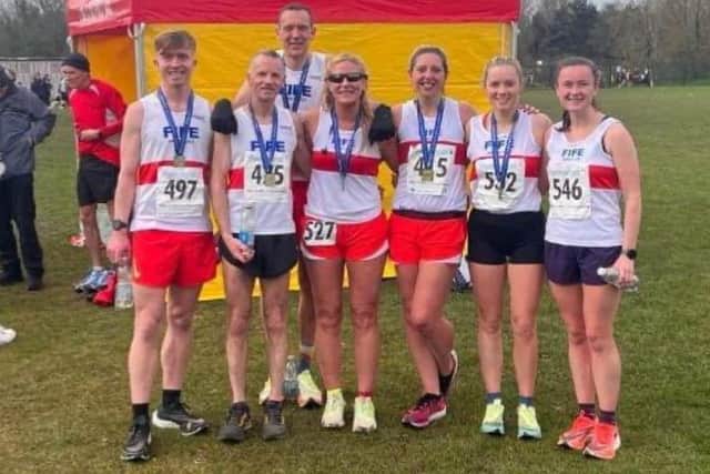 Ben Kinninmonth, Bryce Aitken, James Hall, Michelle Johnstone, Michaela McLean, Kerry and Laura Gibson in Motherwell for the Tom Scott 10-Mile Memorial Road Race