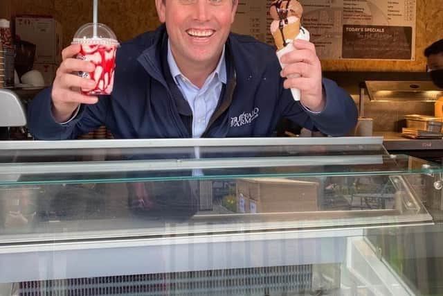 The Buffalo Farm has won the promotional slot for its Buffalo Raspberry Ripple Ice Cream, made from real buffalo milk from the company’s herd. Pictured is owner Steve Mitchell with the Buffalo Raspberry Ripple Ice Cream.