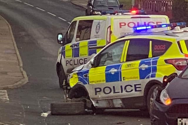 The police car was involved in a collision in Kennoway. Picture: Fife Jammer Locations
