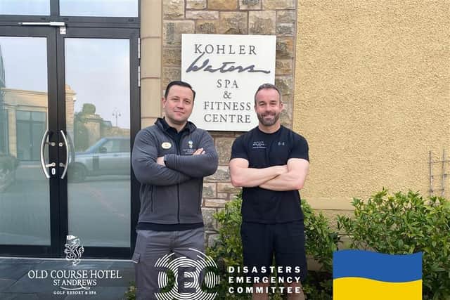 From left: David McDonald, pool maintenance technician, and Simon Almond, fitness manager, from the Kohler Waters Spa and Fitness Centre are fundraising to support the DEC Ukraine Humanitarian Appeal by walking 43 miles on April 12.