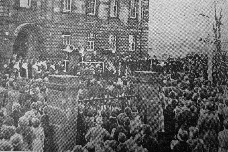 Huge crowds gathered outside the Police Headquarters in St Brycedale Avenue to hear the proclamation of The Queen's ascension to the throne.
