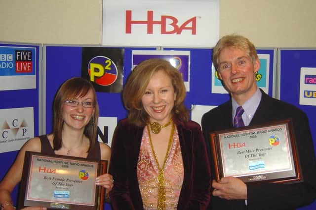 John Murray won male UK Presenter of the Year and Laura Haldane won UK Female Presenter of the Year at the National Hospital Radio Awards. They are pictured with Fenella Fudge (BBC radio news). Pic: John Murray.