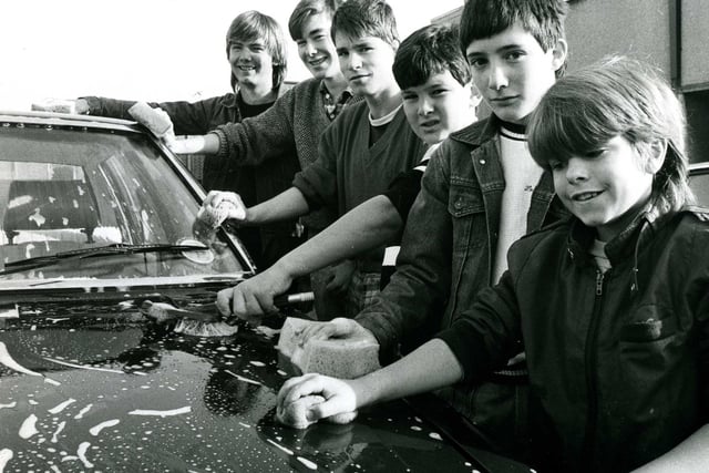 Glenrothes Boys Brigade get stuck into a charity car wash at the Baptist church - October 1986