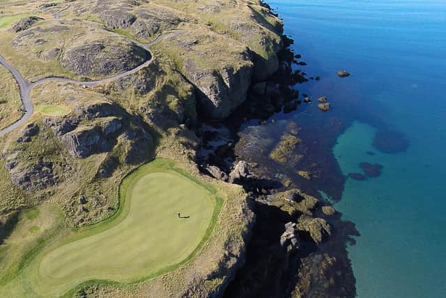 The course at Brautarholt in Iceland has lava outcrops as features of the golf course