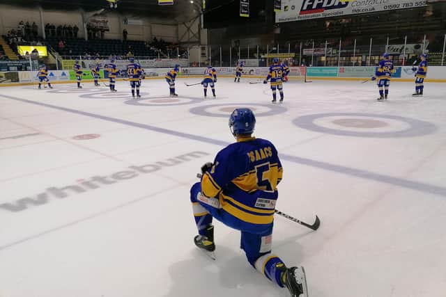 James Isaacs pictured during warm up ahead of Fife Flyers' game against Dundee Stars (Pic; Fife Free Press)