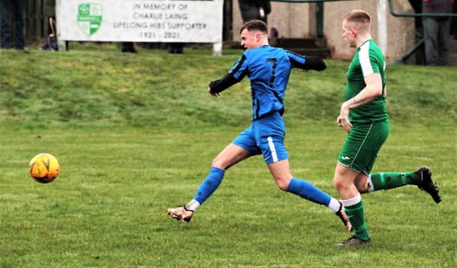 Lewis Sawers scores his second goal for United at Thornton Hibs (Pics by John Stevenson)