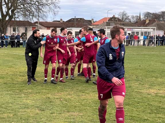 Cupar Hearts boss Sean Simpson celebrates with his players after qualifying for Scottish Amateur Cup semi-finals (Pic Hayley McHugh)
