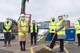 Construction work starts on new £33m Fife Elective Orthopaedic Centre at the Victoria Hospital, Kirkcaldy. From left:Andy Ballantyne (Consultant Orthopaedic Surgeon/ Clinical Lead for the FEOC); Carol Potter (Chief Executive, NHS Fife), Ben Johnston (Head of Capital Planning, NHS Fife/ Project Director for FEOC); Chris MacLeod (Regional Director - Building North), Rt Hon Tricia Marwick (Chair, NHS Fife Board); and Neil McCormick (Director of Property and Asset Management).