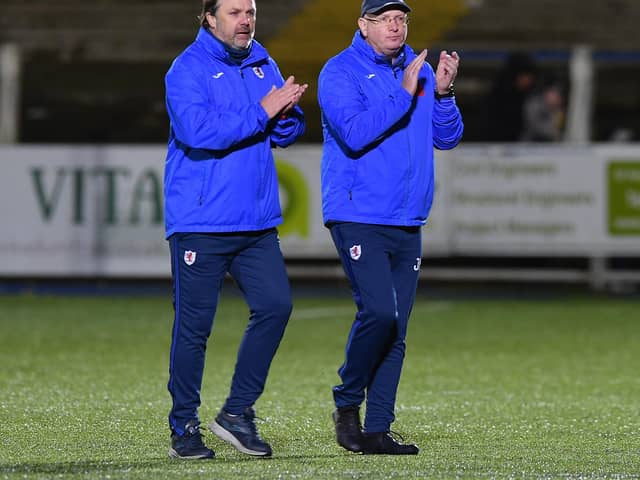 Paul Smith and John McGlynn applaud the travelling fans at Dumfries (Pic: Dave Johnston)