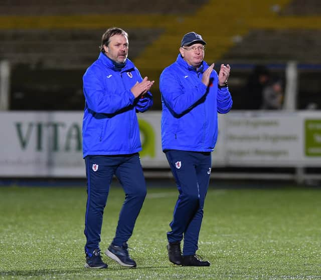 Paul Smith and John McGlynn applaud the travelling fans at Dumfries (Pic: Dave Johnston)