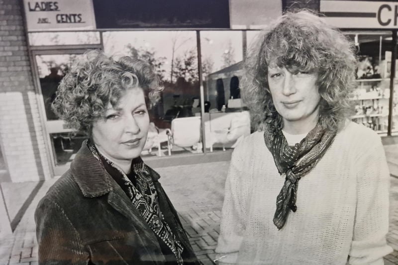 A 1988 photocall for Glenrothes hair salon duo, Laurie Smith and Janet Adamson. Picture taken by David Cruickshanks, staff photographer, Glenrothes Gazette.