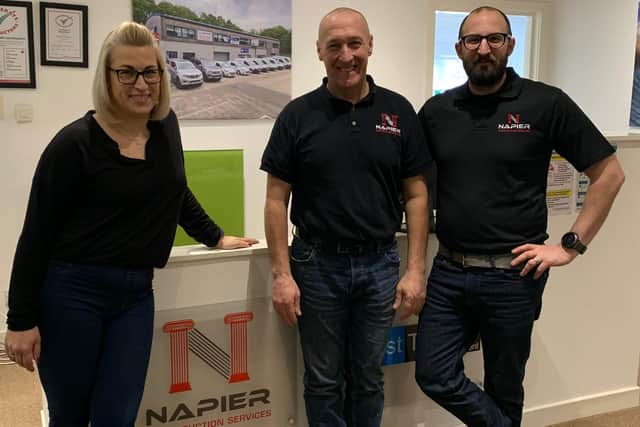 Monika Cook with managing director Ron Napier (centre) and commercial manager Ewan Szadurski (right) at Napier CS Ltd's Rosyth office.